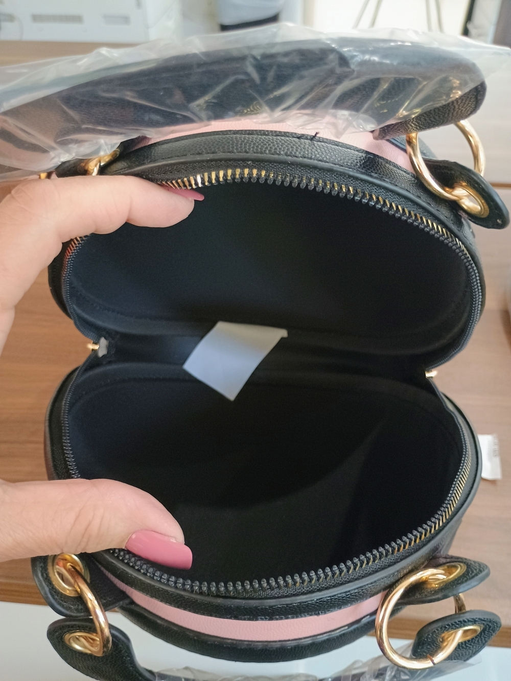 Pink Basketball-Style Round Crossbody Bag with Black Trim - Picture 5 of 6